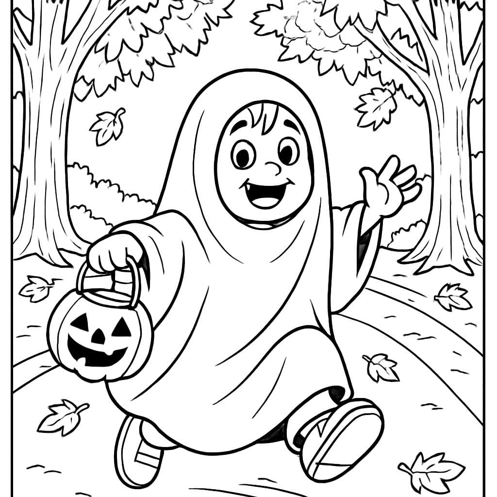 A little boy dressed as a ghost trick-or-treating down a maple tree lined road.