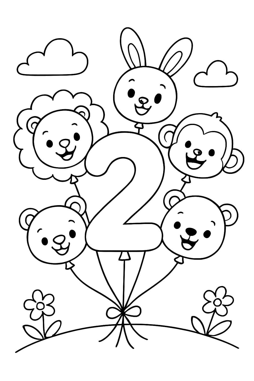 Eine Zahl 2 Ballon mit Tierballons in einem Ballonstrauß