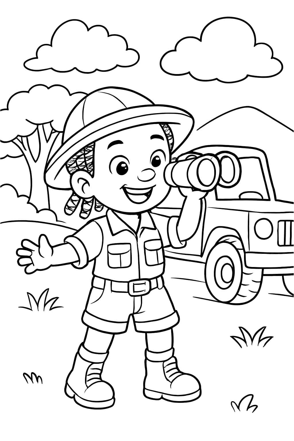 A little black boy with braids in a safari outfit with binoculars and a safari truck.