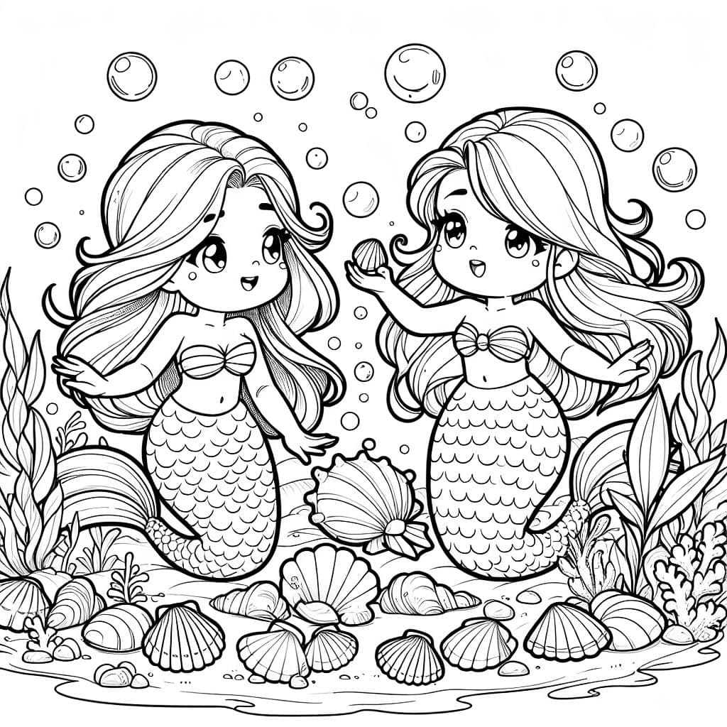 Duas meninas sereias estão brincando juntas debaixo d'água e há muitas conchas.