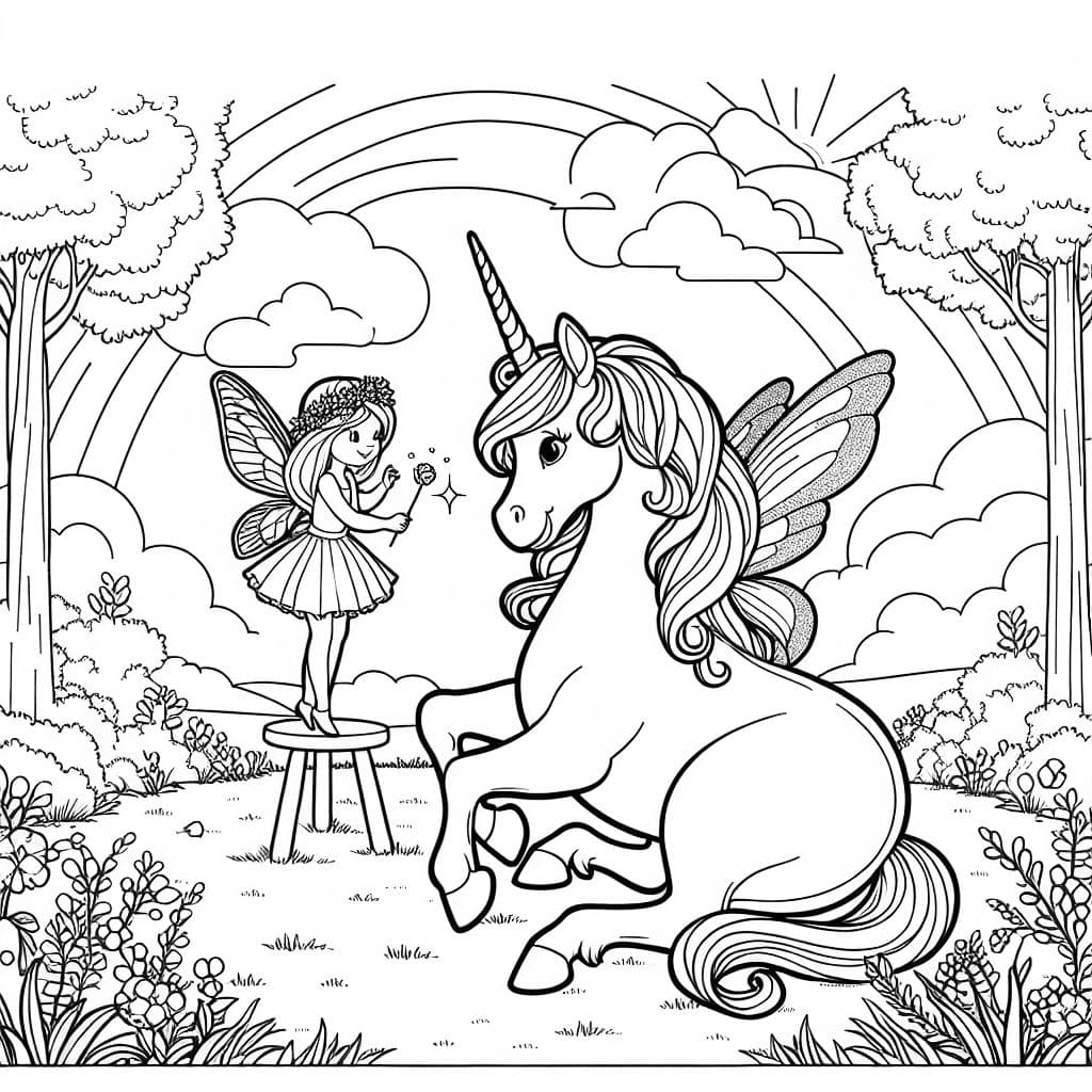 Un licorne avec une fée assise dessus, ils sont dans une prairie