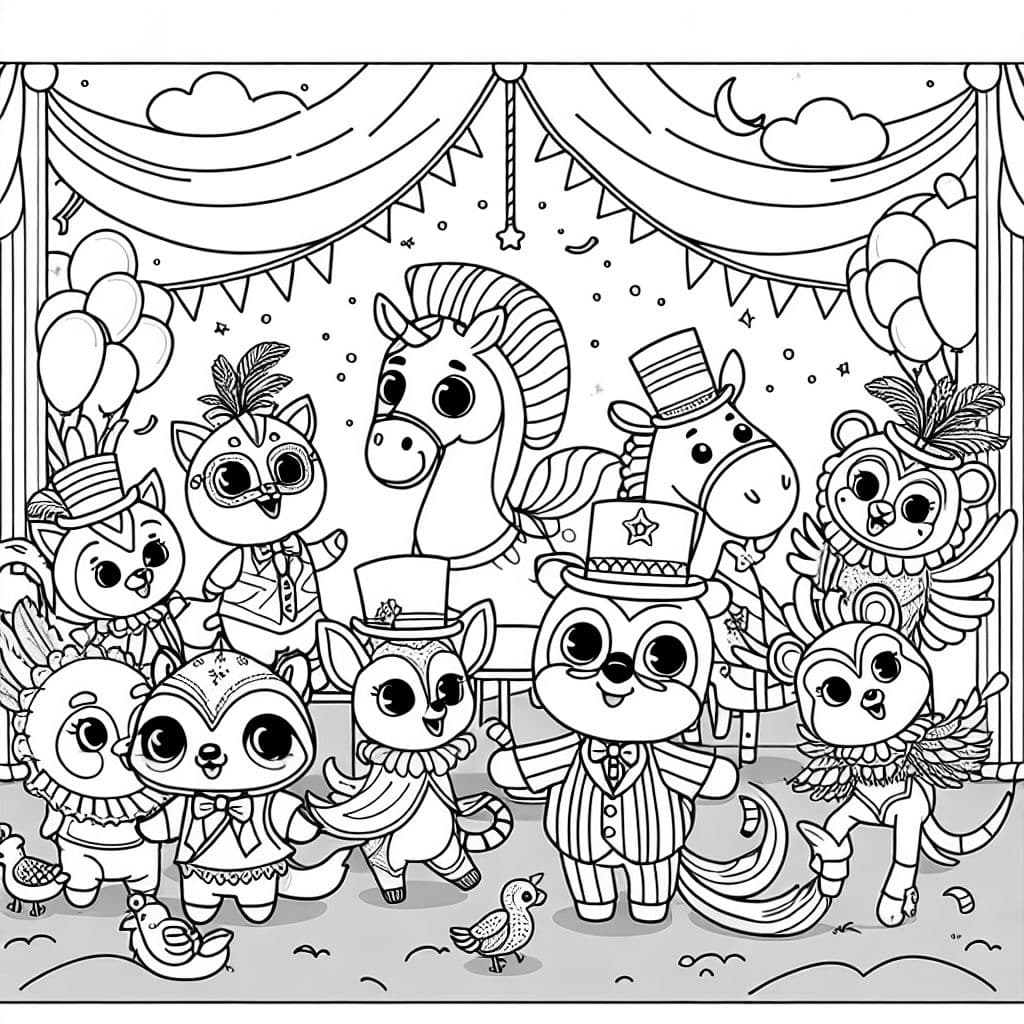Une représentation amusante d'animaux portant des costumes de carnaval colorés lors d'une fête.
