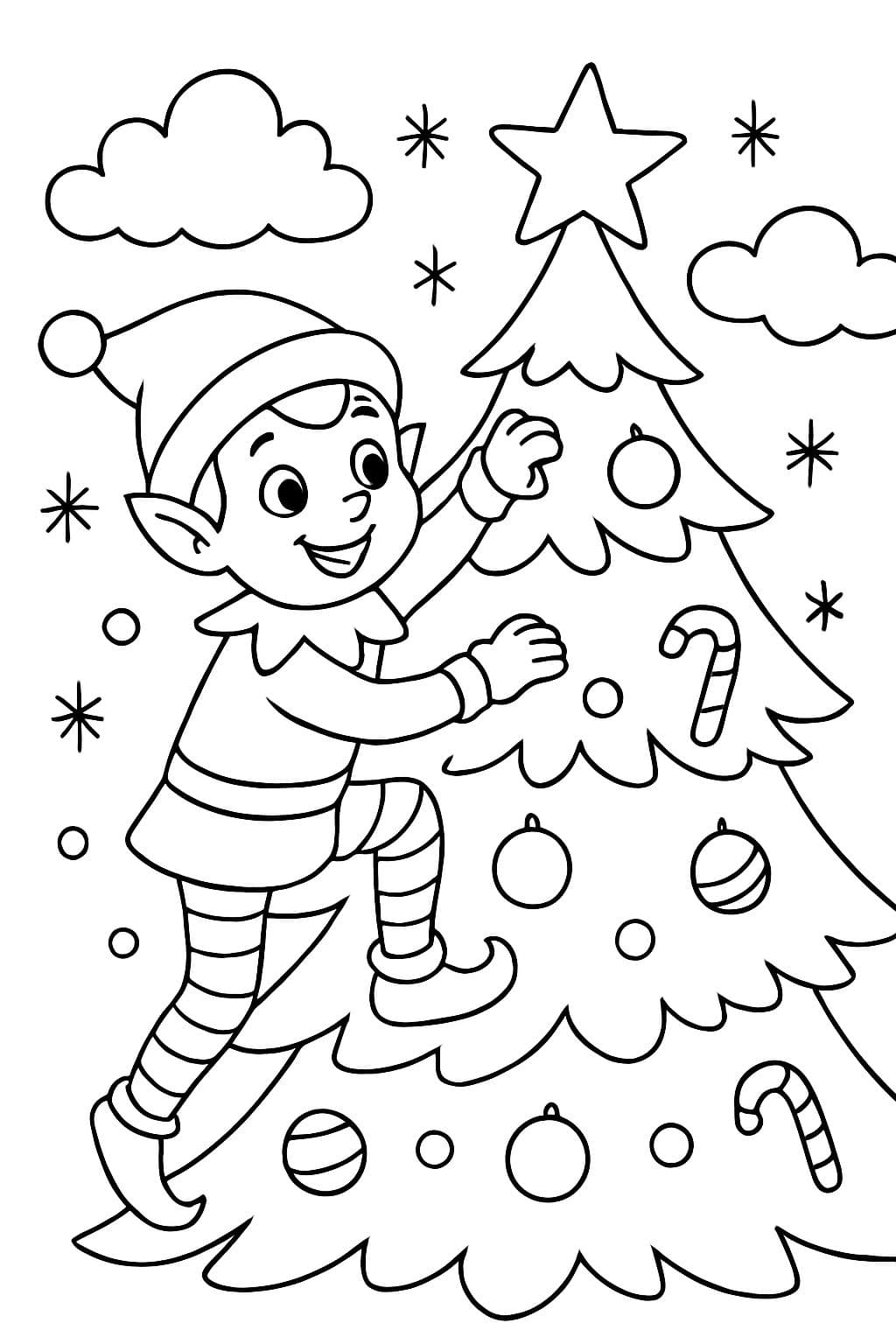 Elf auf dem Regal, der einen Weihnachtsbaum hinaufklettert