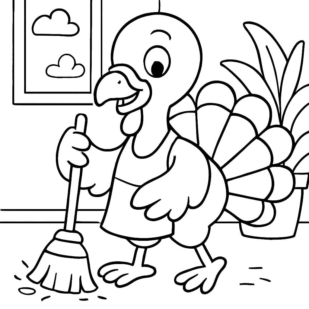 Une page de coloriage simple pour la maternelle en art linéaire noir et blanc. Un adorable dinde de dessin animé portant un tablier et aidant à balayer le sol avec un petit balai. Contours épais, grandes formes, fond minimal, parfait pour les 4-5 ans.