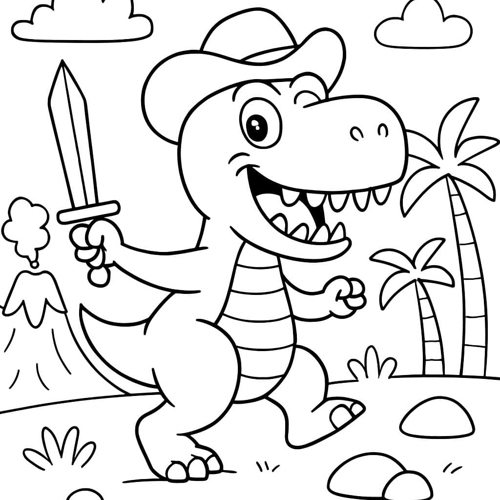 Dinosaure avec des dents pointues, une queue, un chapeau et une épée