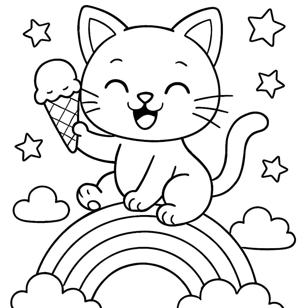 Katze auf einem Regenbogen mit Sternen und Eiscreme