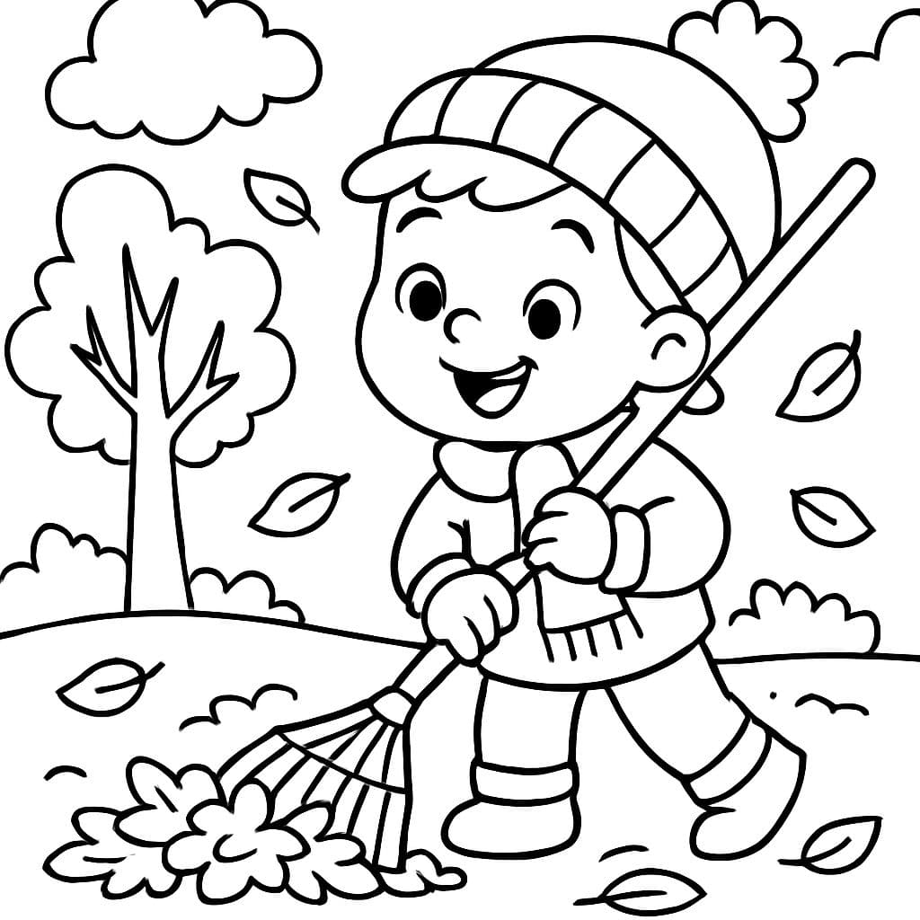 Preschool coloring page, black-and-white line art. A child happily raking a small pile of leaves. Big shapes, simple lines, cute fall theme.