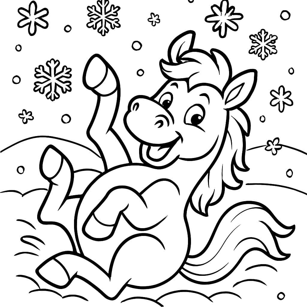 copos de nieve con un caballo rodando en la nieve