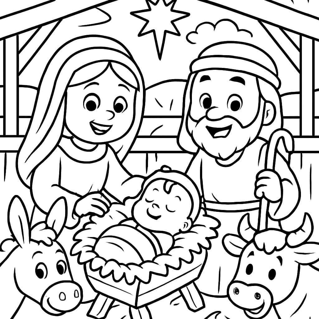 Cartoon nativity scene coloring page for kids ages 3–8. Includes Mary, Joseph, baby Jesus in the manger, a star above them, and animals in a stable. Thick lines, easy shapes.
