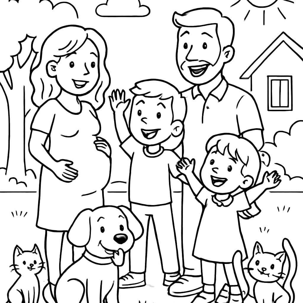 Une famille avec une maman enceinte, un papa, un grand garçon, une petite fille, un chien et deux chats.