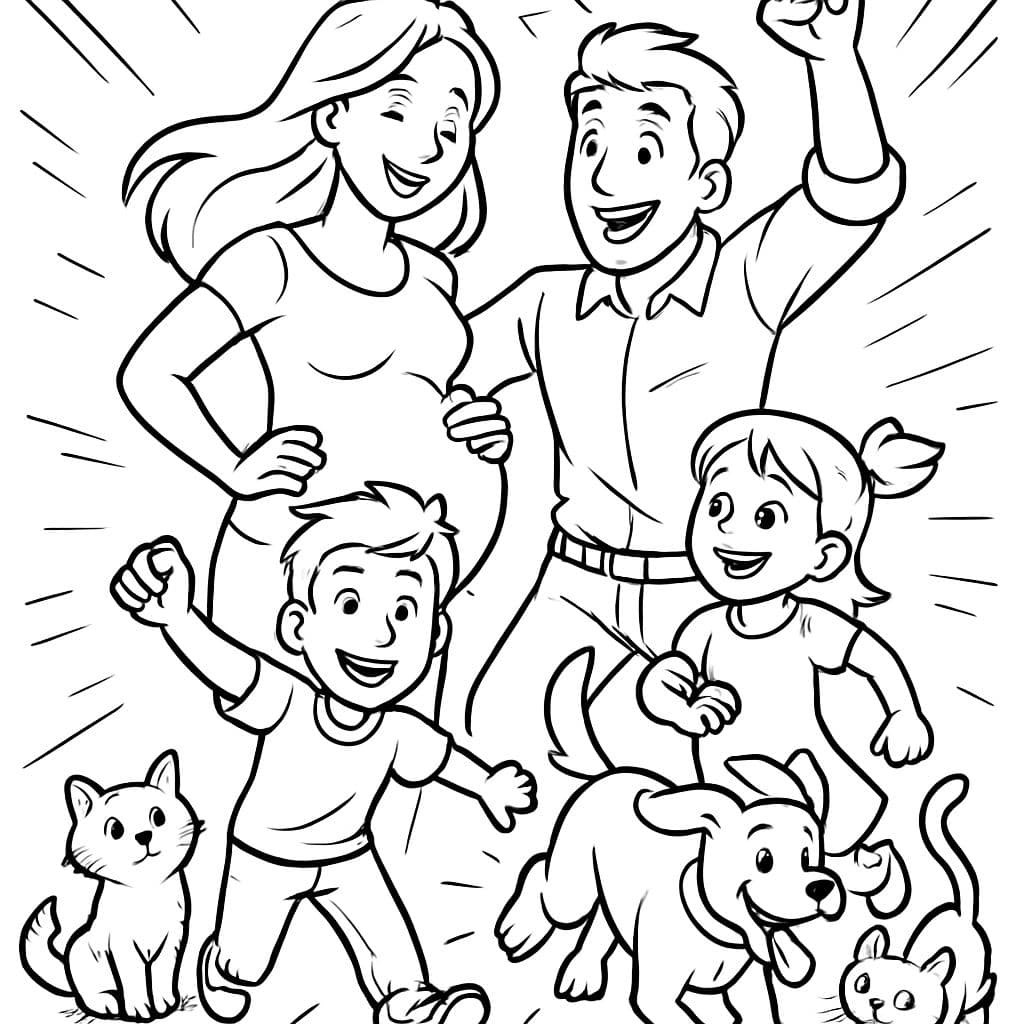 Uma família: mamãe grávida, papai, criança grande, menina pequena, um cachorro e dois gatos.