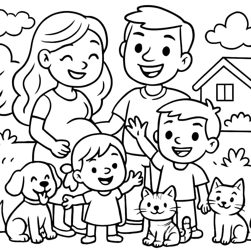 Una familia mamá embarazada, papá, niño grande, niña pequeña, un perro y dos gatos.