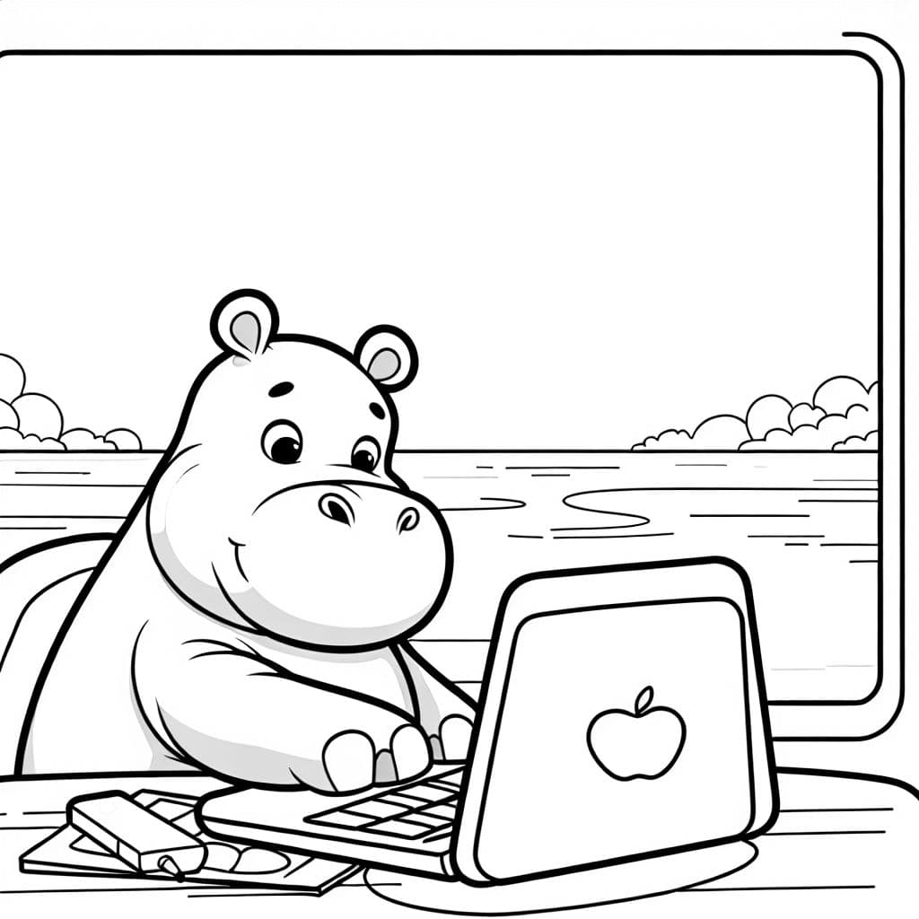 Un hipopótamo estudiando con su computadora portátil.
