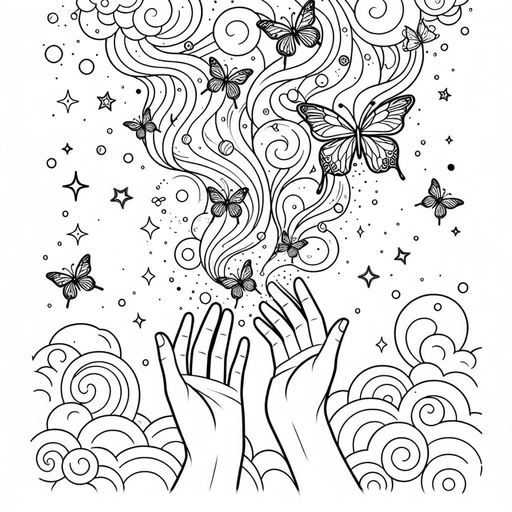 Floating hands releasing butterflies and swirling smoke, with cosmic patterns and dreamy clouds in the background.