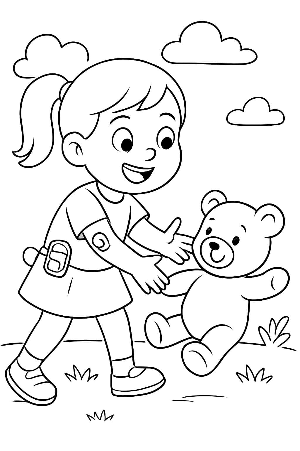 A little girl in a ponytail wearing an insulin pump and a CGM playing with a teddybear.