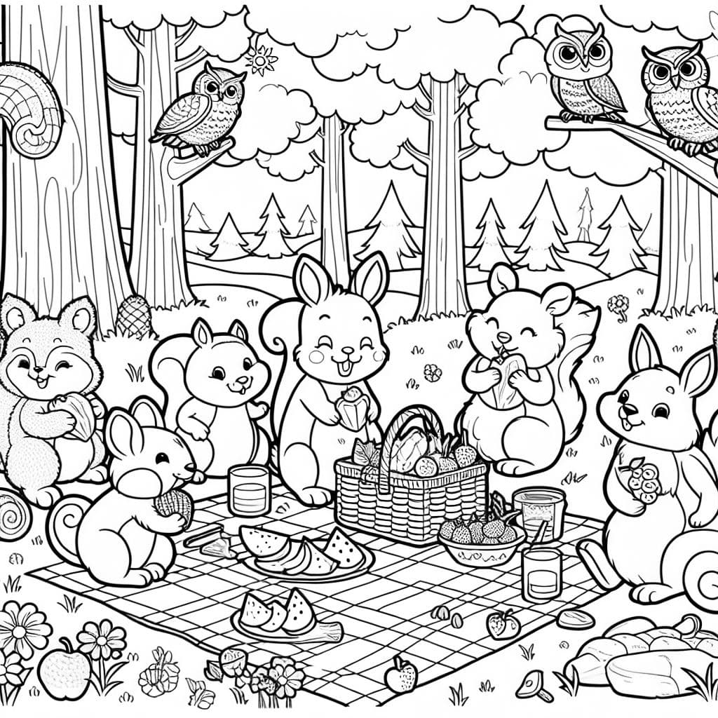 Woodland animals having a picnic in the woods