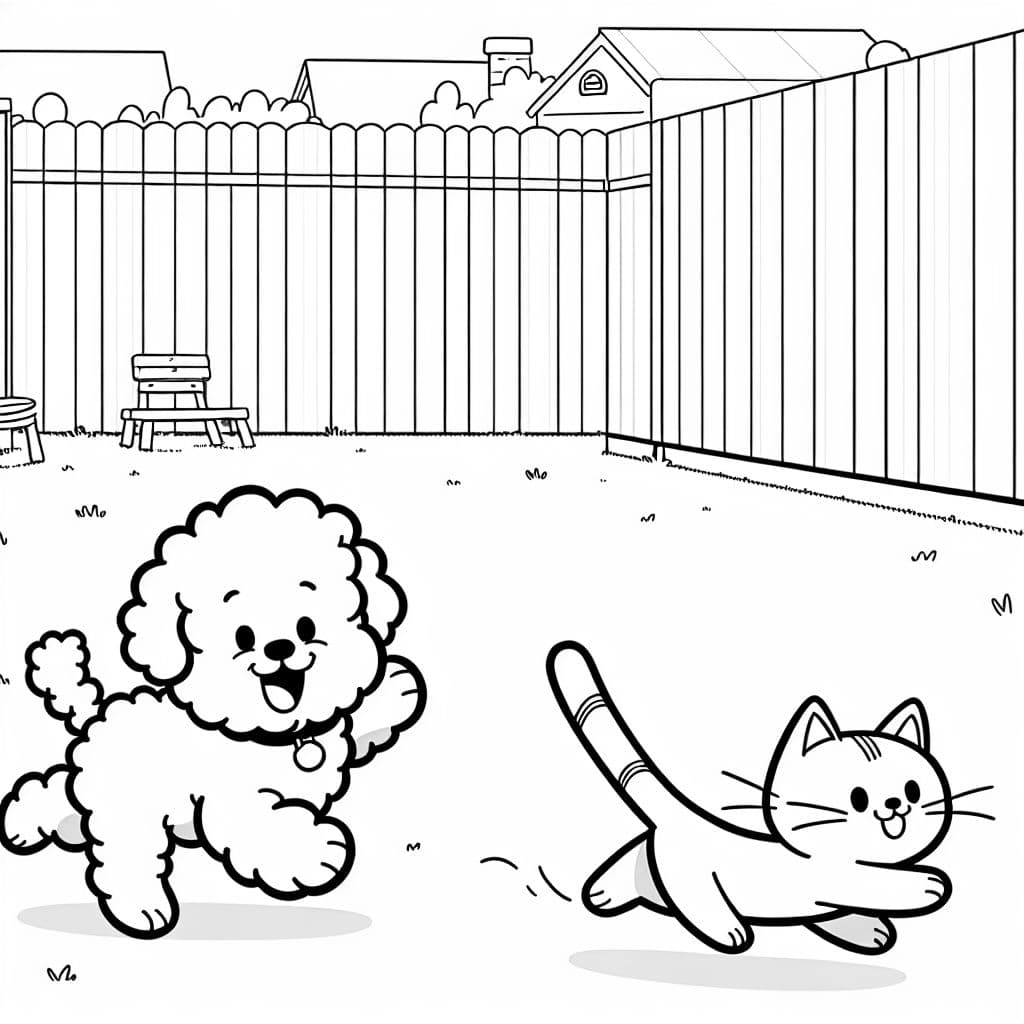 Un bichón frisé persiguiendo a un gato en un jardín.