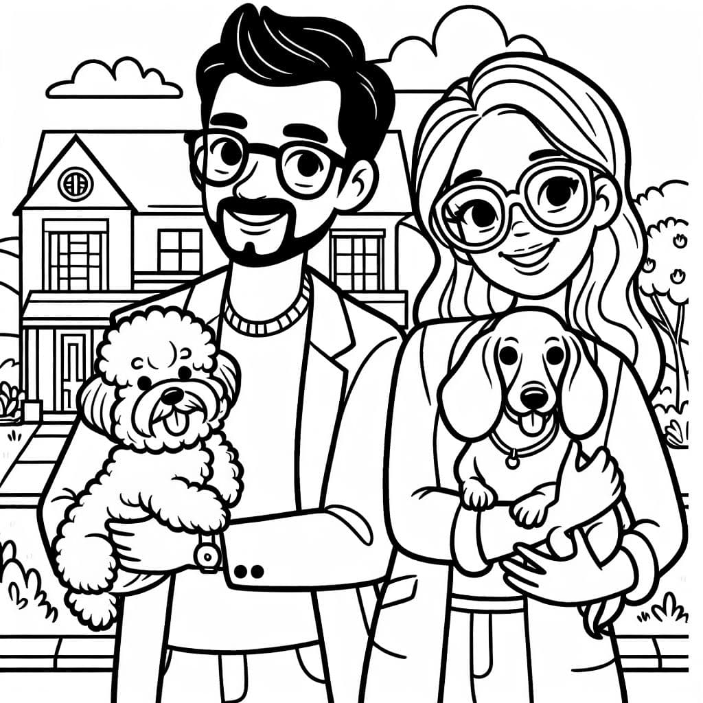 Una pareja hispana, ambos usando gafas, posando para una foto frente a una casa. El hombre está sosteniendo un bichón frisé en sus brazos, y la mujer sostiene un dachshund en sus brazos.