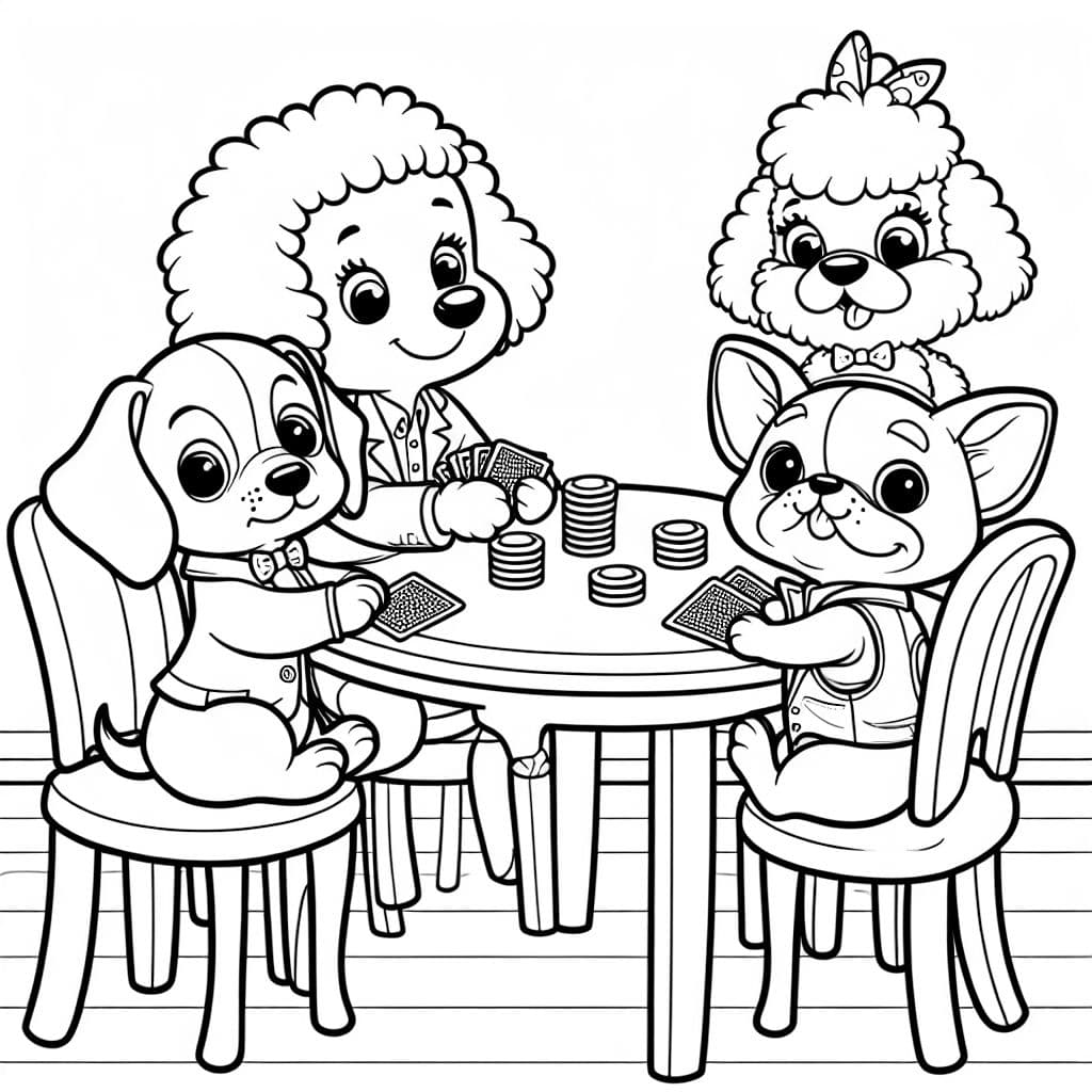 Un dachshund, un bichón frisé y un Boston terrier jugando al póker en una mesa de cocina.