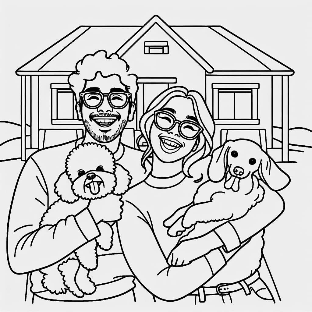 Una pareja hispana, ambos con gafas, posando para una foto frente a una casa. El hombre sostiene un bichón frisé en sus brazos, y la mujer sostiene un dachshund en sus brazos.