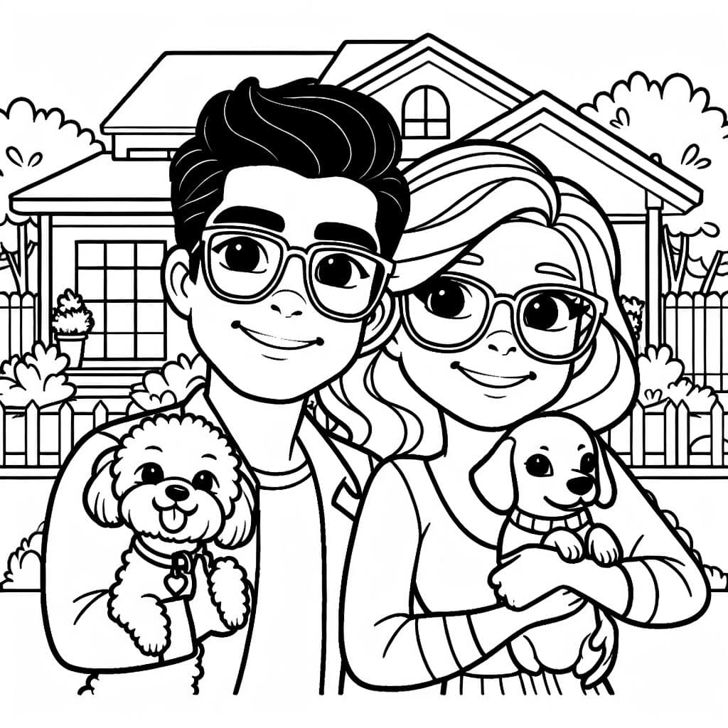 Una pareja hispana, ambos usando gafas, posando para una foto frente a una casa. El hombre sostiene un bichón frisé en sus brazos, y la mujer sostiene un dachshund en sus brazos.
