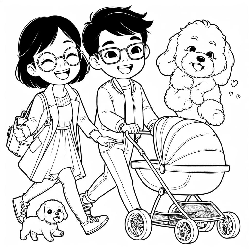 Una joven pareja hispana con gafas empujando su bichón frisé y dachshund en un carrito afuera.