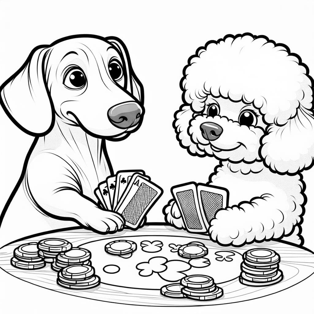 Un dachshund jugando al póker con un bichón frisé.