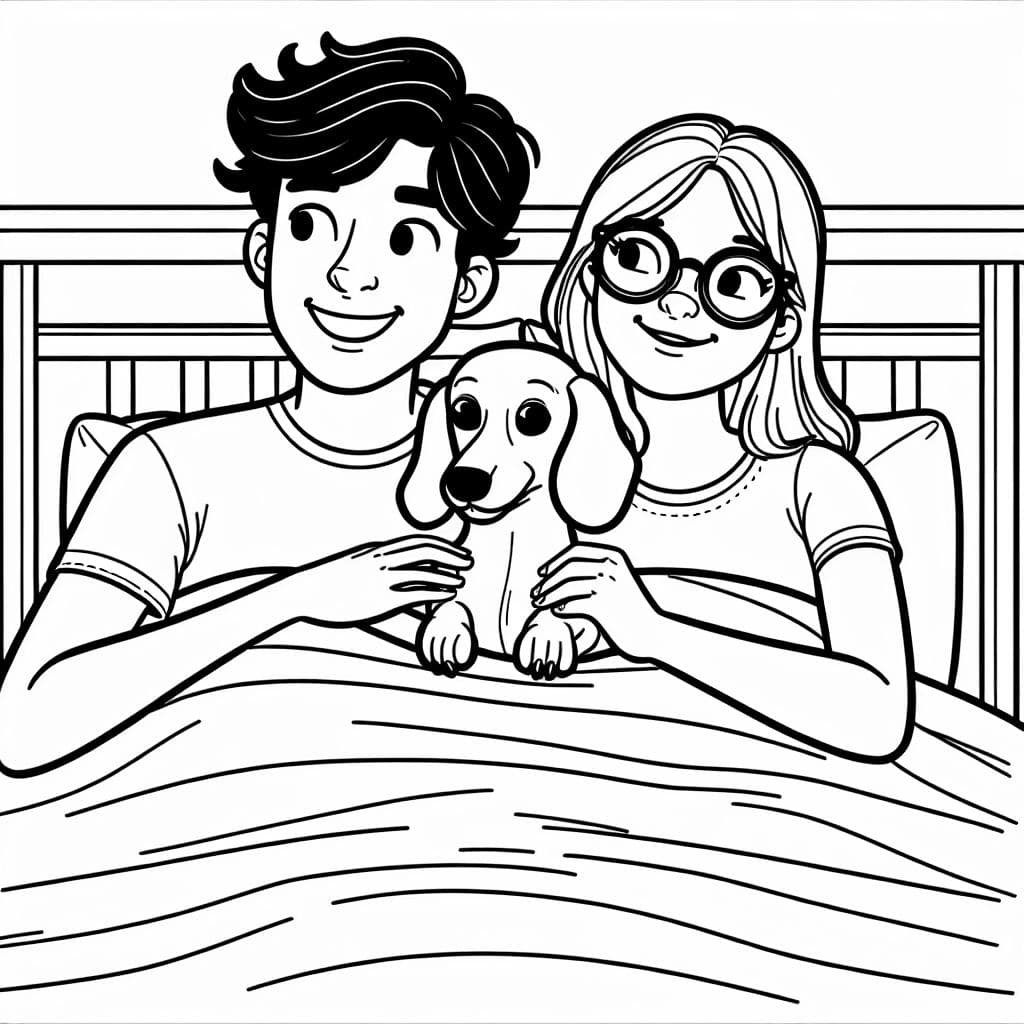 Un dachshund acostado entre una joven pareja hispana, que ambos llevan gafas, en la cama.