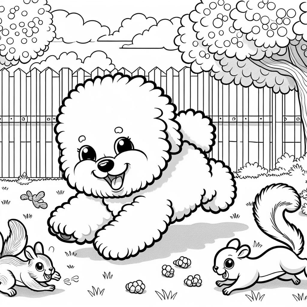 Un bichón frisé persiguiendo ardillas en el patio.