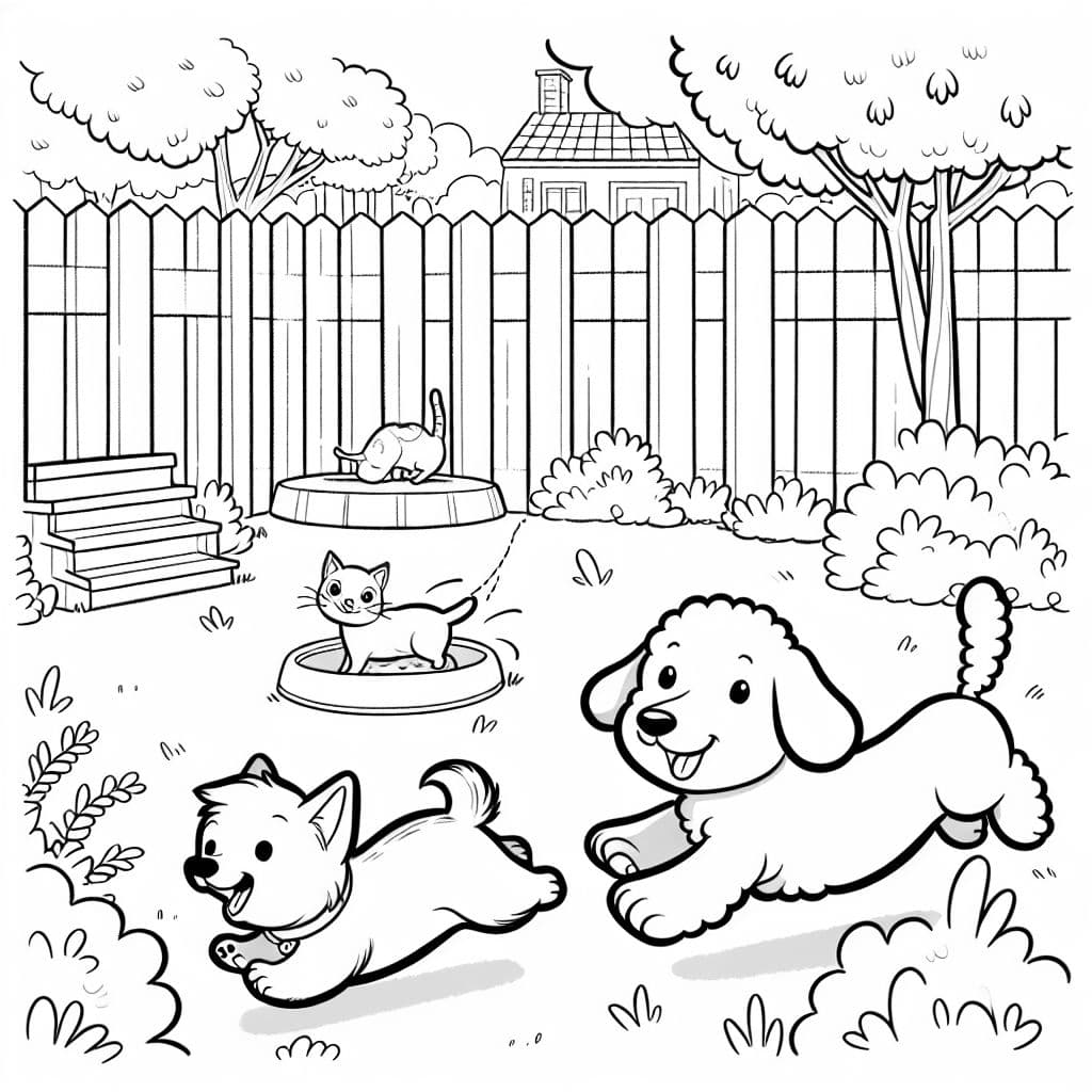 Un bichón frisé y un dachshund persiguiendo a un gato en un patio.