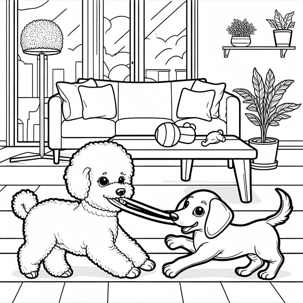 Un bichon frisé et un teckel jouent à la corde dans un salon