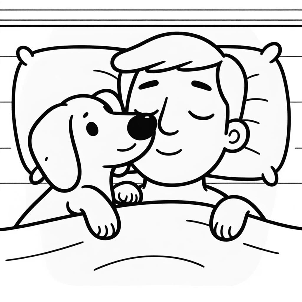 Un teckel reposant sa tête sur le visage d'un homme hispanique dans le lit.