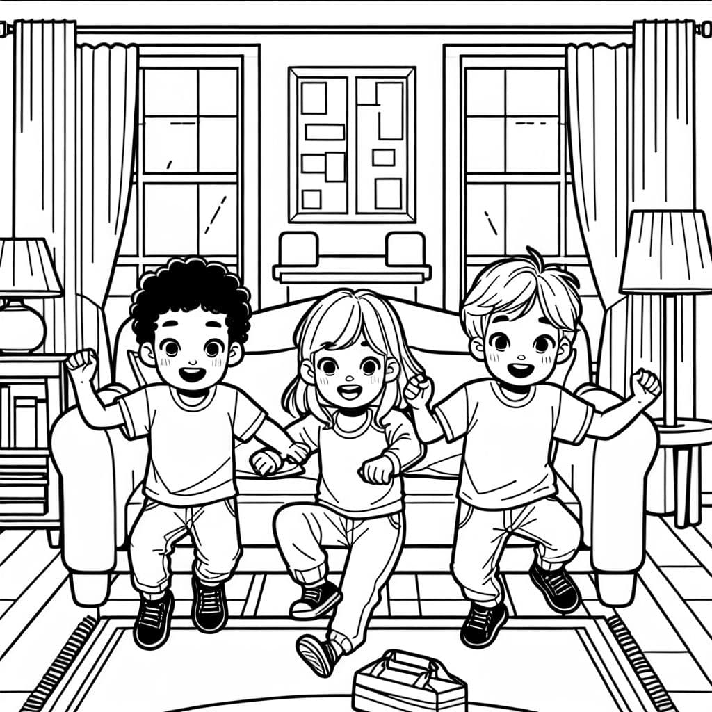 Trillizos mestizos de 13 años, dos niños y una niña, jugando en una sala.