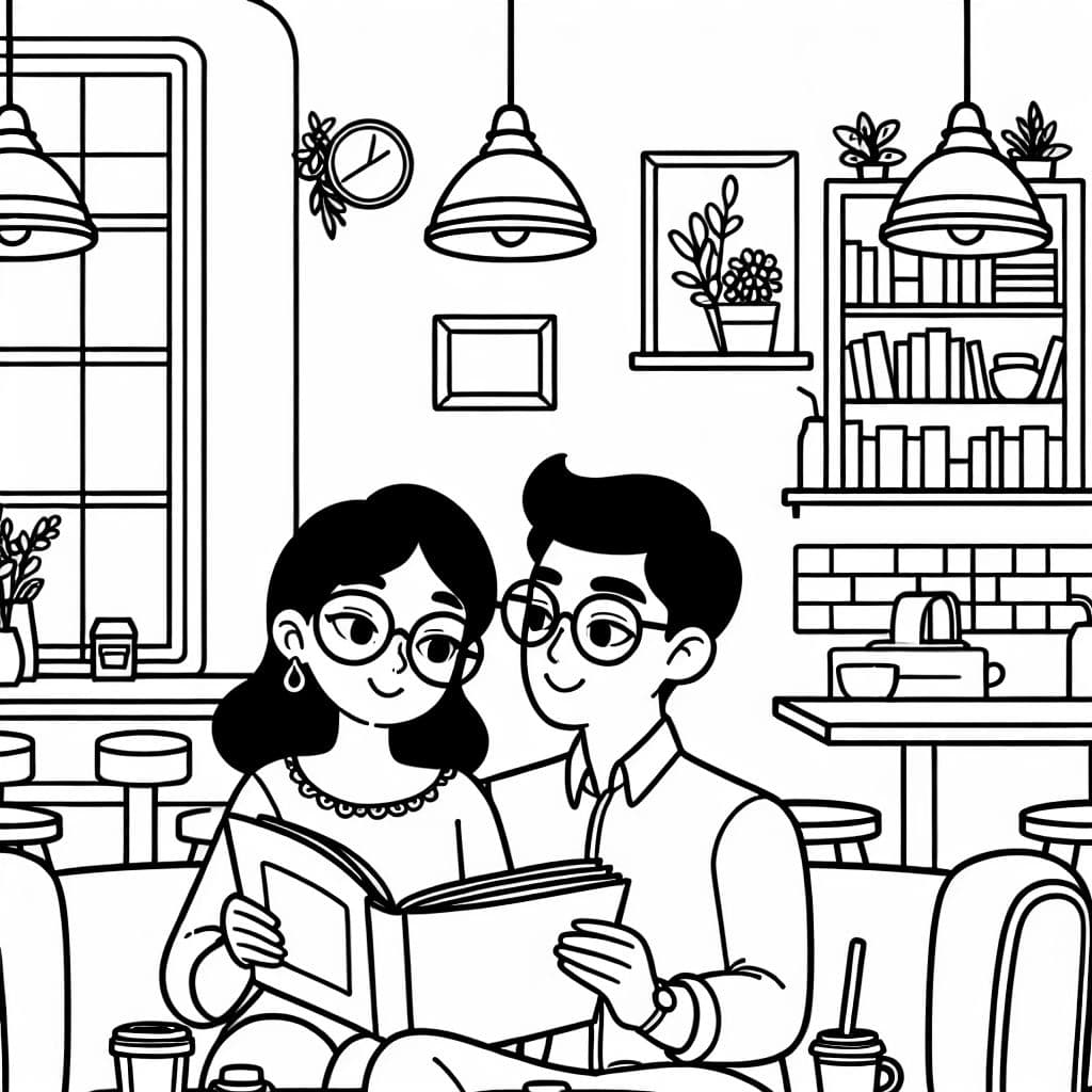 Una pareja hispana con gafas sentada en un sofá leyendo en una cafetería.