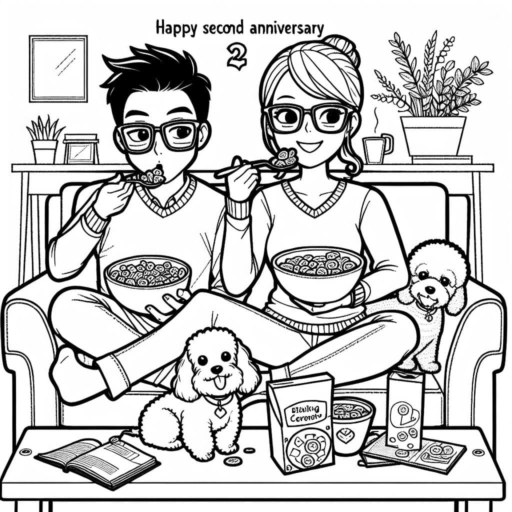 Um casal hispânico com óculos comendo cereal em um sofá com um bichon frisé e um dachshund, com um título que diz 'Feliz Segundo Aniversário'.