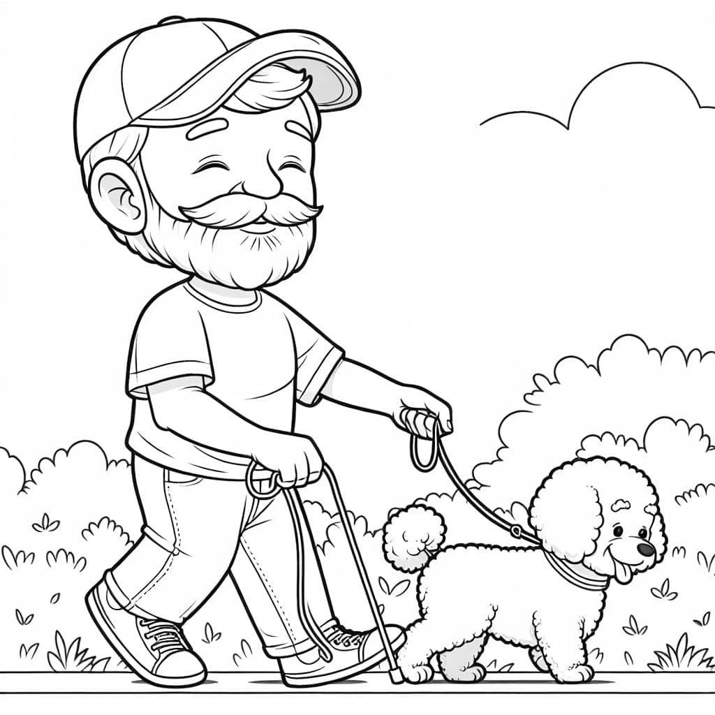 Um homem hispânico mais velho com um cavanhaque e usando um boné de beisebol, camisa branca e jeans, passeando com um bichon frise do lado de fora.