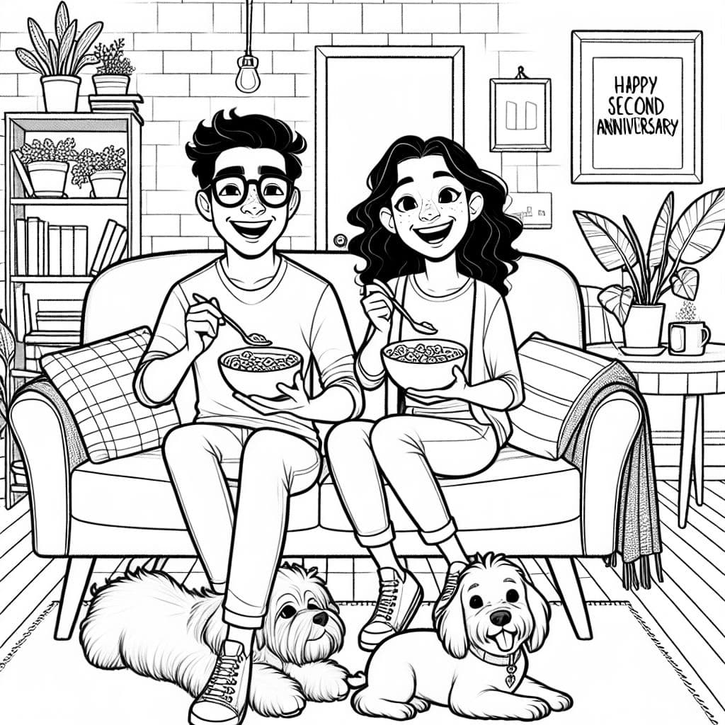Un couple hispanique portant des lunettes assis sur un canapé mangeant des céréales avec un bichon frisé à gauche et un teckel à droite, avec un titre qui dit 'Joyeux Deuxième Anniversaire'.