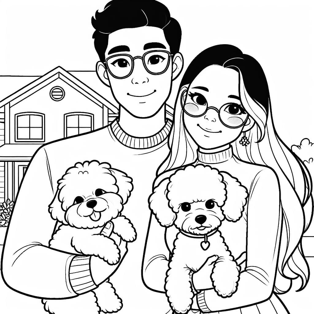 Una pareja hispana, ambos usando gafas, posando para una foto frente a una casa. El hombre sostiene un bichón frisé en sus brazos y la mujer sostiene un dachshund en sus brazos.