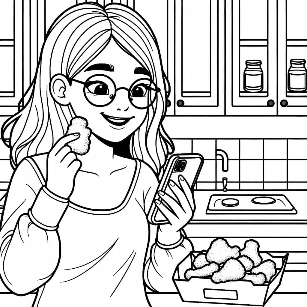 Una joven mujer hispana con anteojos comiendo nuggets de pollo en la cocina mientras ve una película en su teléfono.