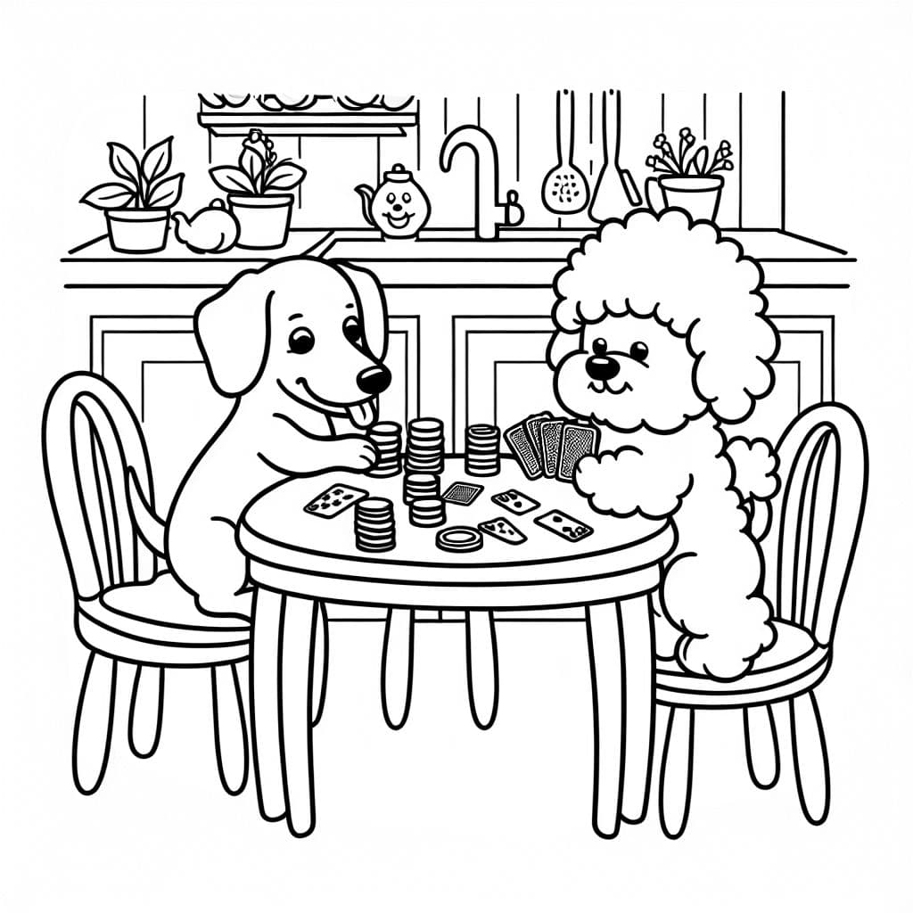 Un dachshund jugando al póker con un bichón frisé en una mesa de cocina