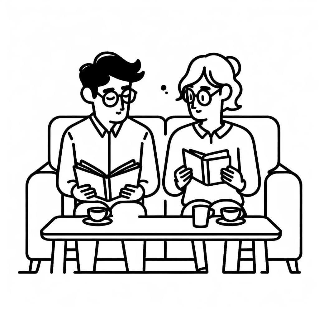 Un couple hispanique portant des lunettes assis sur un canapé en train de lire dans un café.
