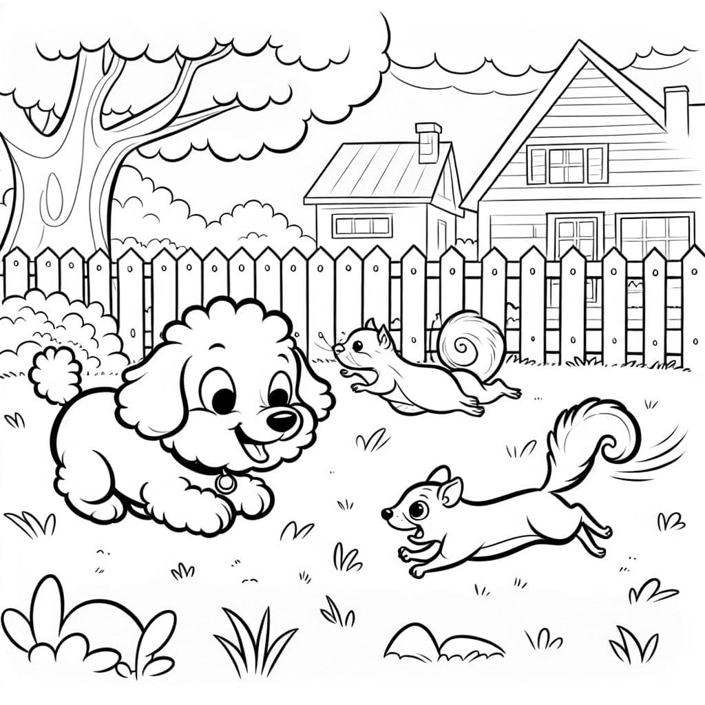 Un bichon frisé et un teckel chassent un écureuil dans un jardin