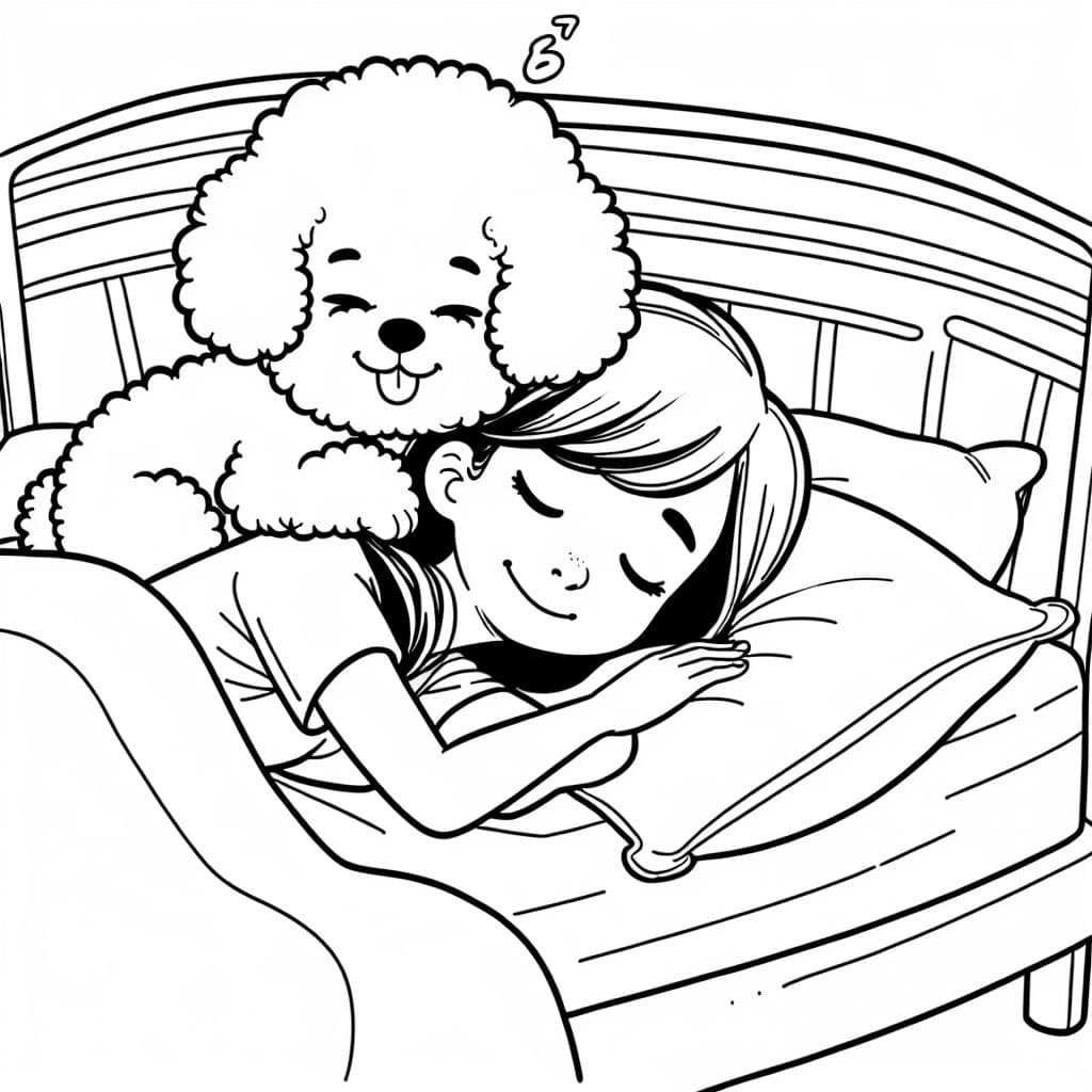 Ein Bichon Frise schläft auf einer jungen hispanischen Frau im Bett.