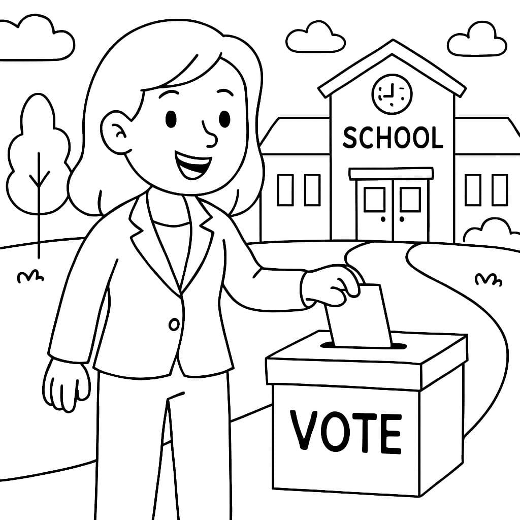 Uma mulher vestindo um terno de calça e votando em frente a uma escola.