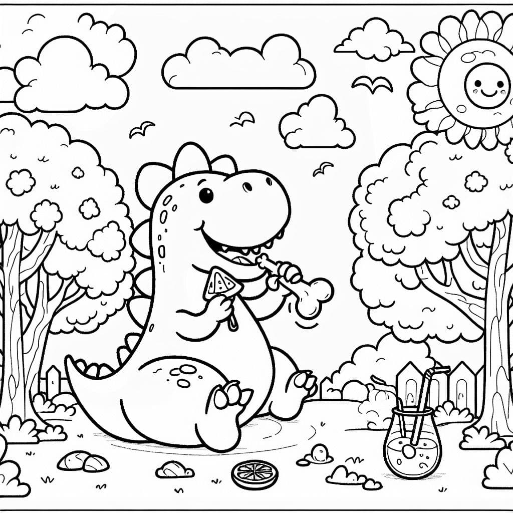 A dinosaur eating a chicken nugget and a lemon