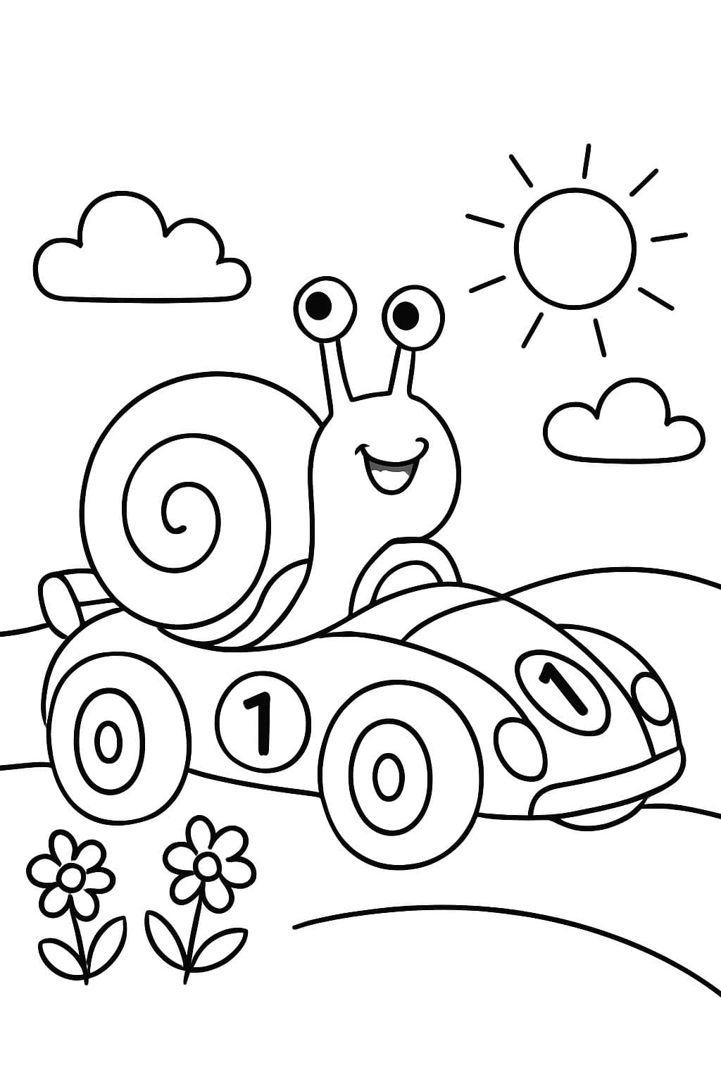 Una caracol conduce felizmente en un coche de carreras