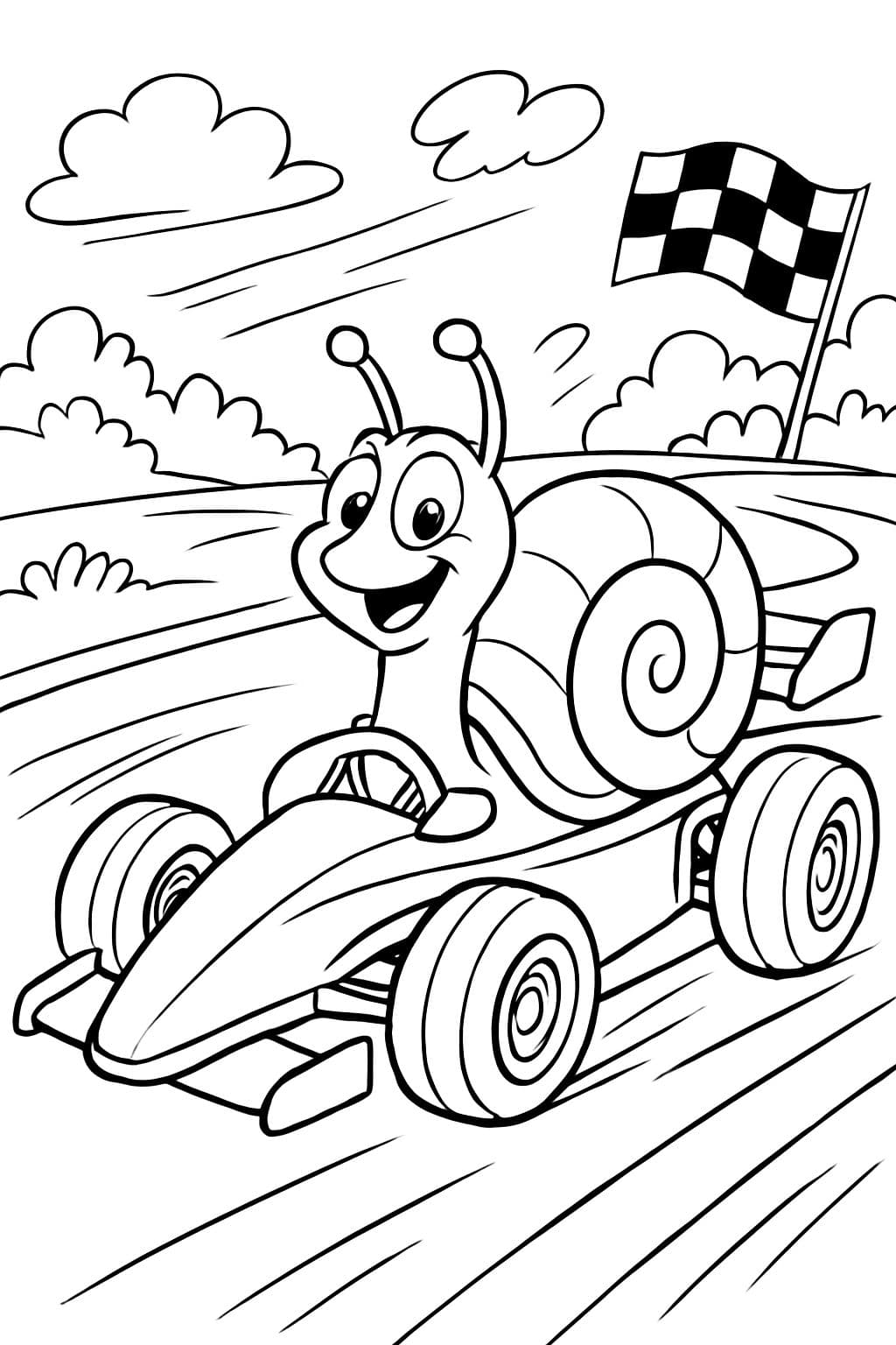 Una caracol conduce felizmente en un auto de carreras