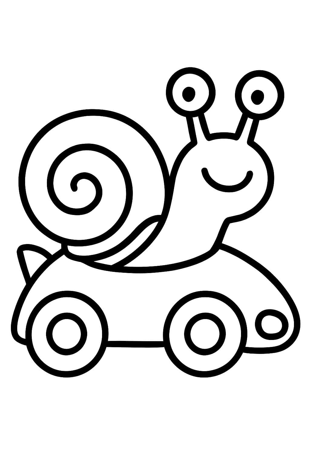 Una caracol conduce felizmente un auto de carreras
