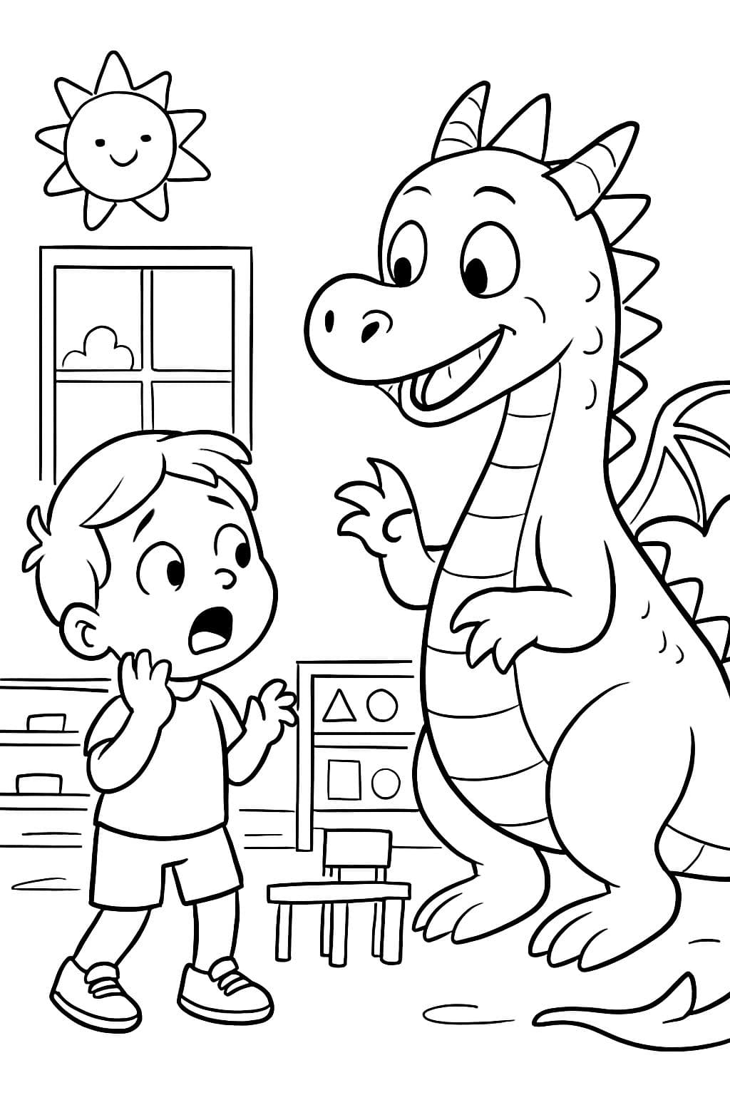 Ein Kind hat Angst vor einem freundlichen Drachen im Kindergarten