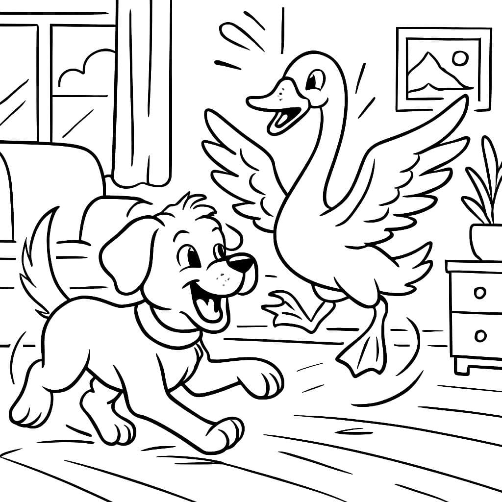 Un cachorro jugando con un cisne en una casa.